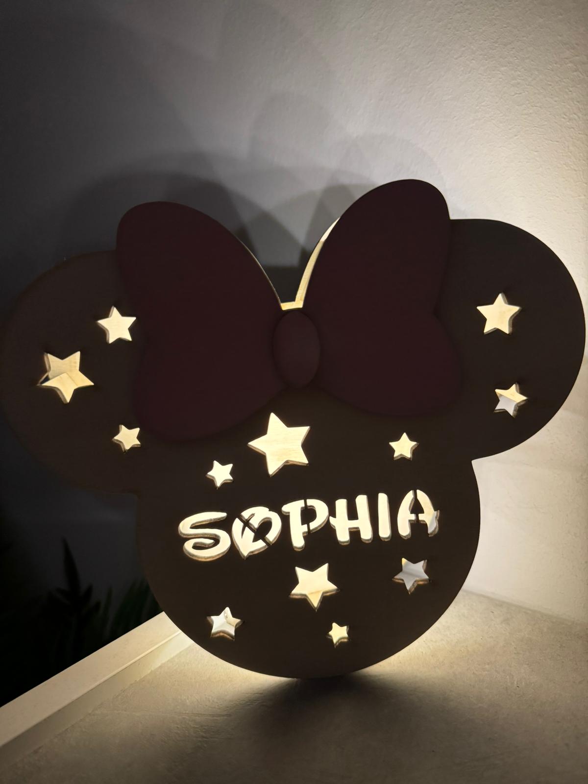 Lampada LED in legno Minnie personalizzata con nome – Luce da parete per cameretta