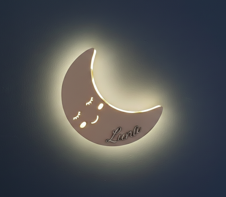 Lampada LED in legno LUNA personalizzata con nome – Luce da parete per cameretta