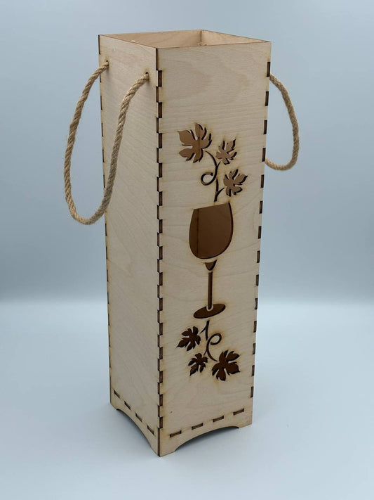 Scatola porta bottiglia in legno calice e foglie d’uva – Con manico in corda
