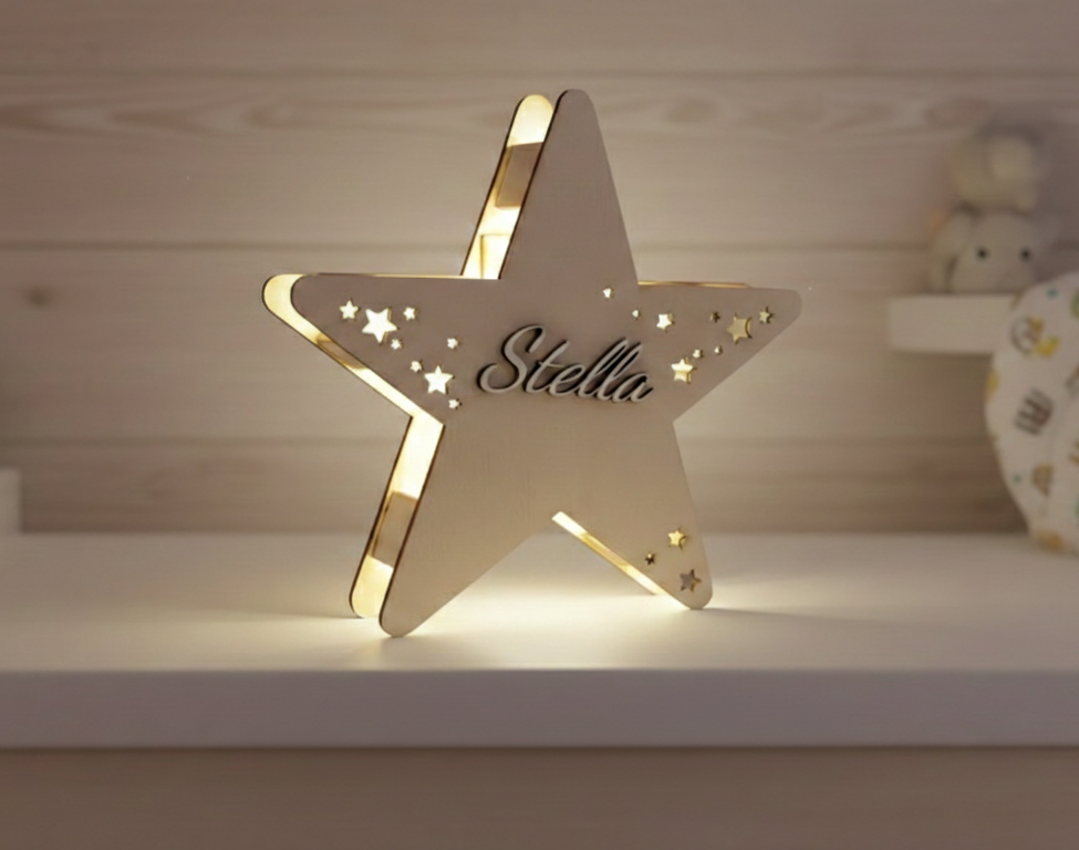 Lampada LED in legno STELLA personalizzata con nome – Luce da parete per cameretta