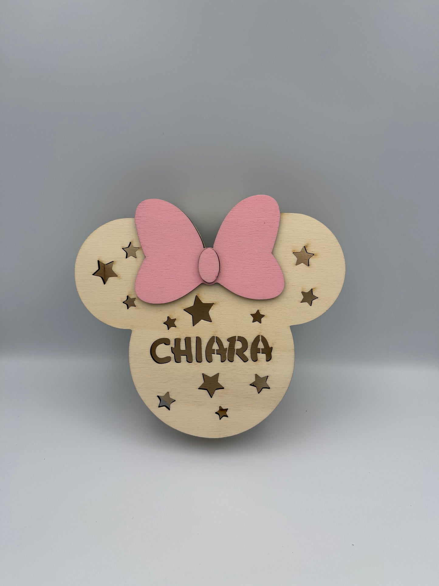 Lampada LED in legno Minnie personalizzata con nome – Luce da parete per cameretta