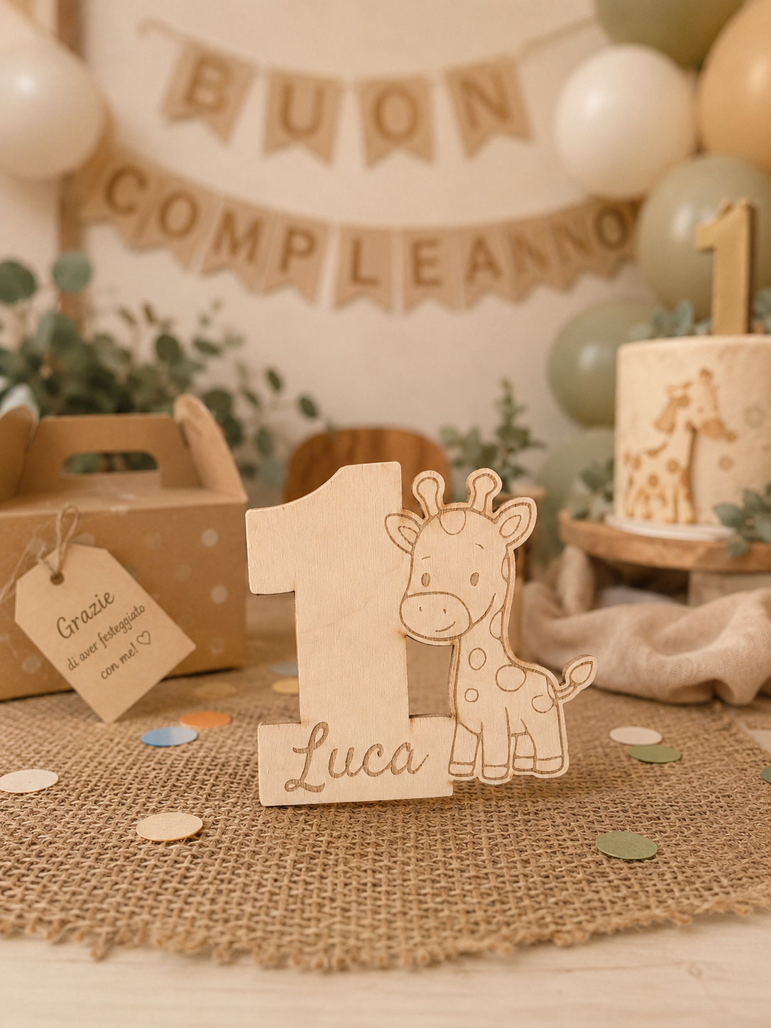 Calamita Bomboniera Primo Compleanno in Legno Personalizzata – Tema Giraffa