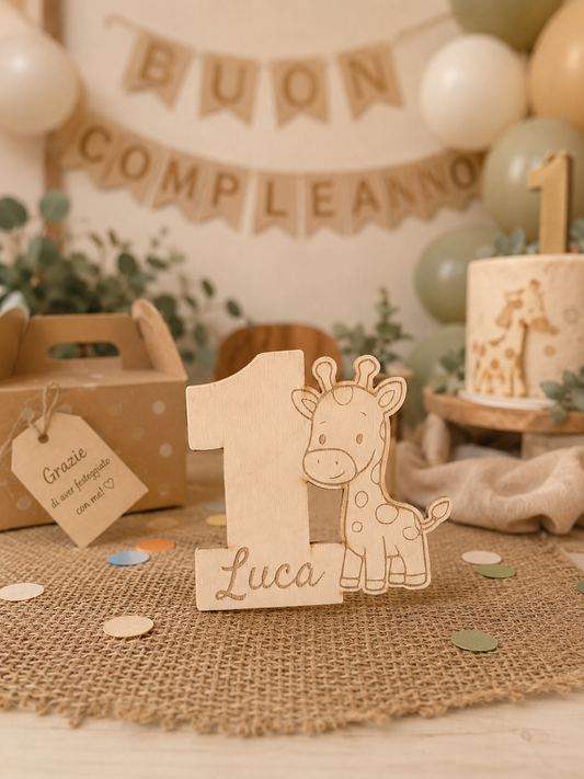 Calamita Bomboniera Primo Compleanno in Legno Personalizzata – Tema Giraffa