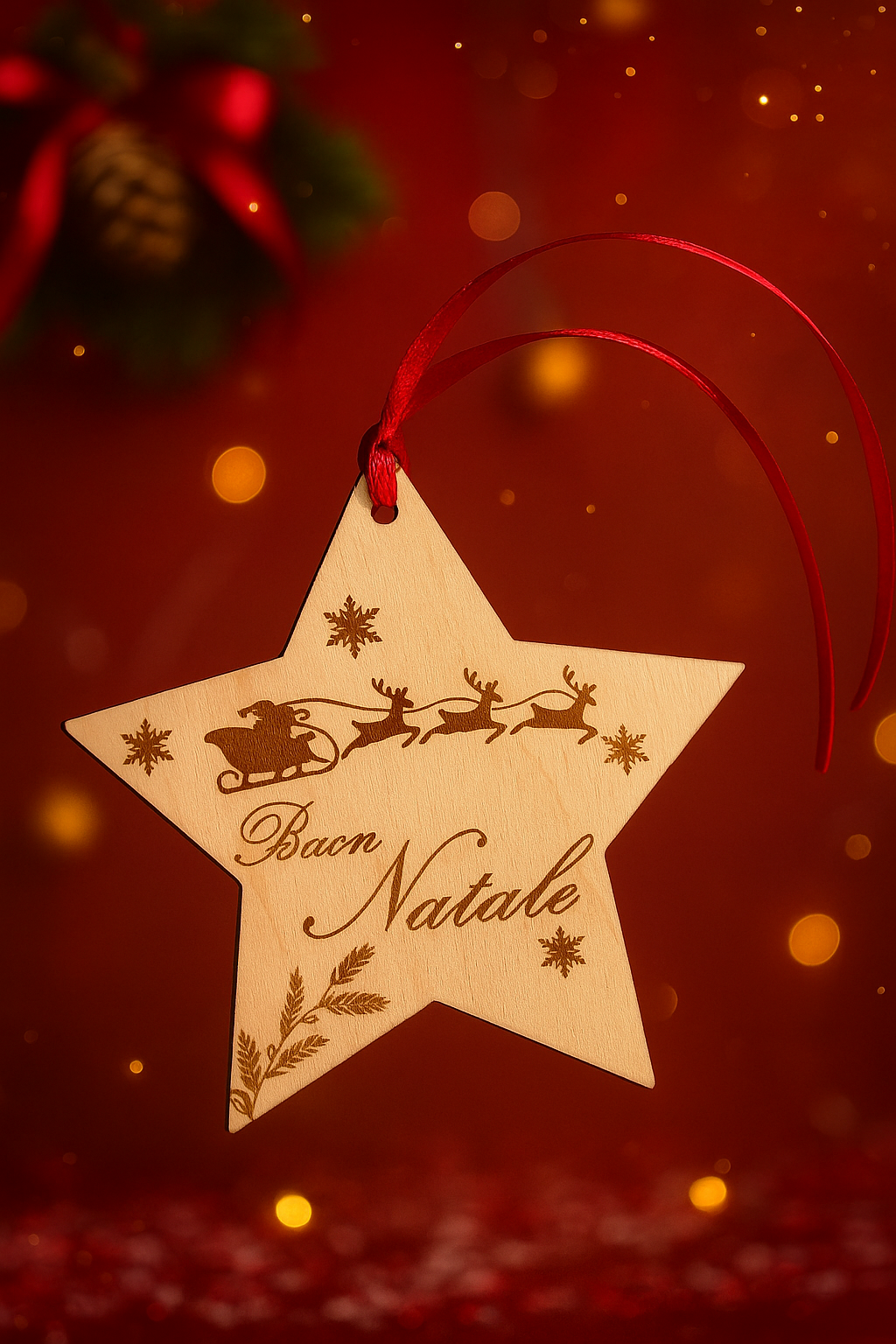 Pallina Natale Personalizzata | Decorazione natalizia in legno a forma di stella – “Buon Natale” nastro rosso