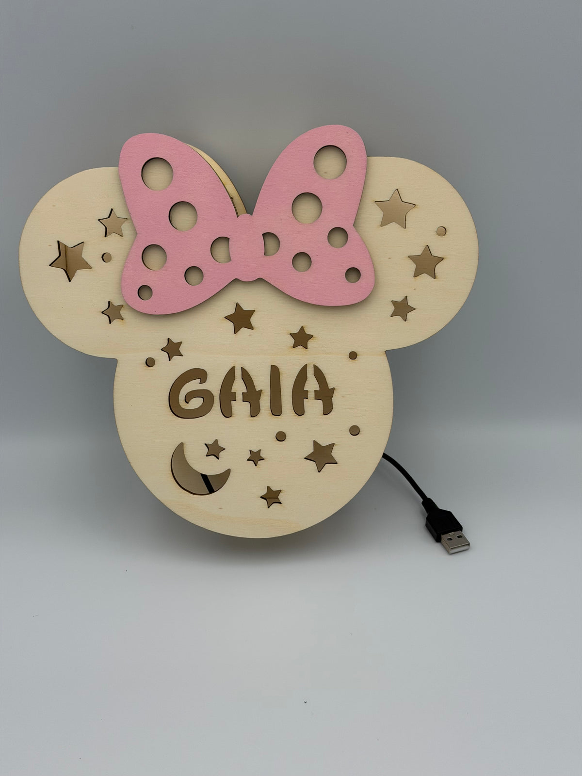 Lampada LED in legno Minnie personalizzata con nome – Luce da parete per cameretta modello 2