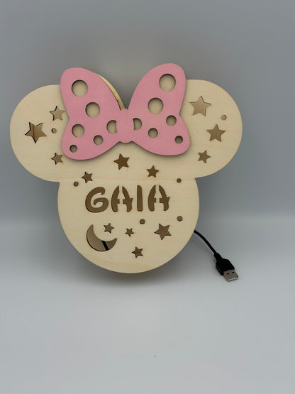 Lampada LED in legno Minnie personalizzata con nome – Luce da parete per cameretta modello 2