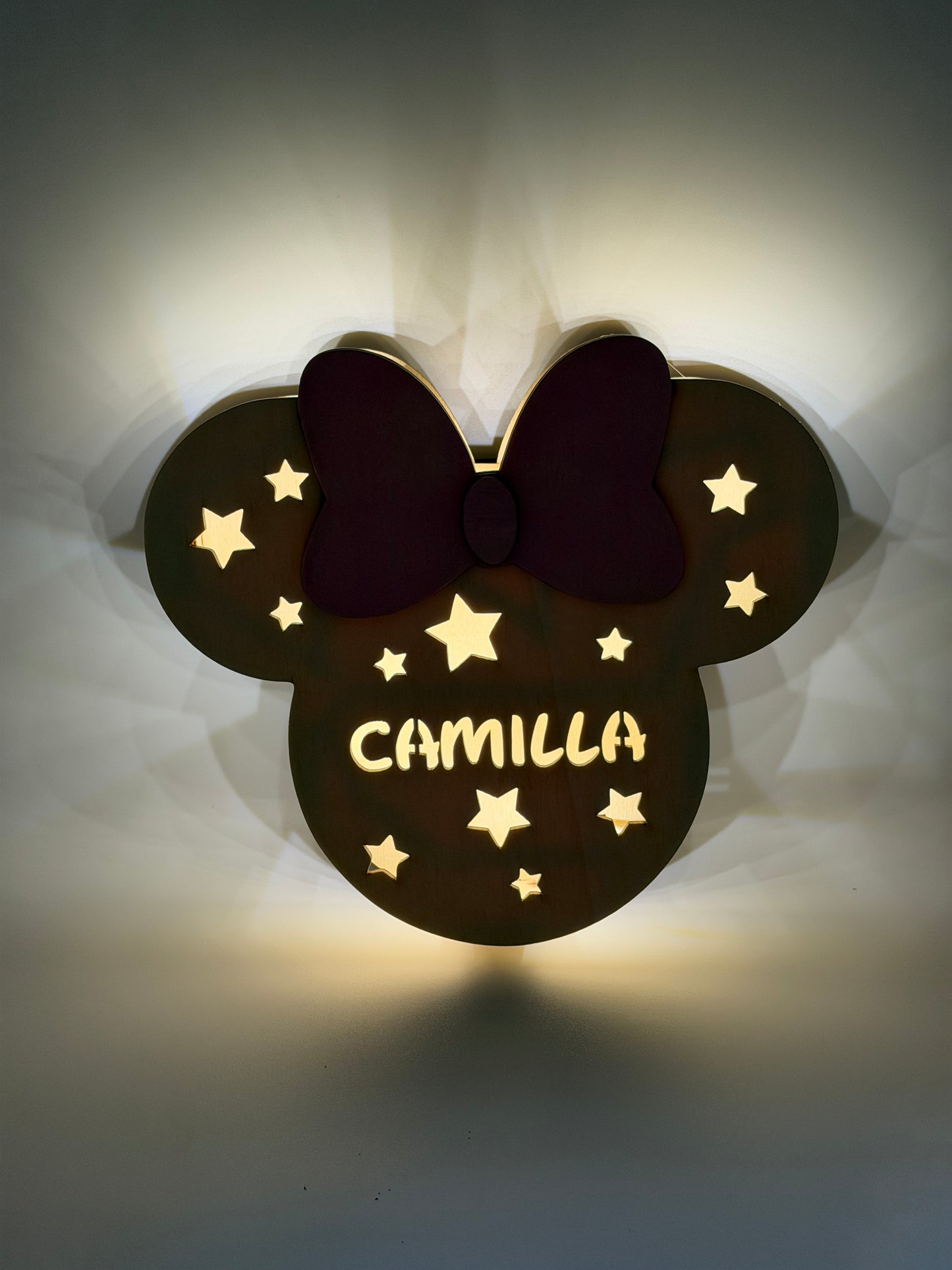 Lampada LED in legno Minnie personalizzata con nome – Luce da parete per cameretta
