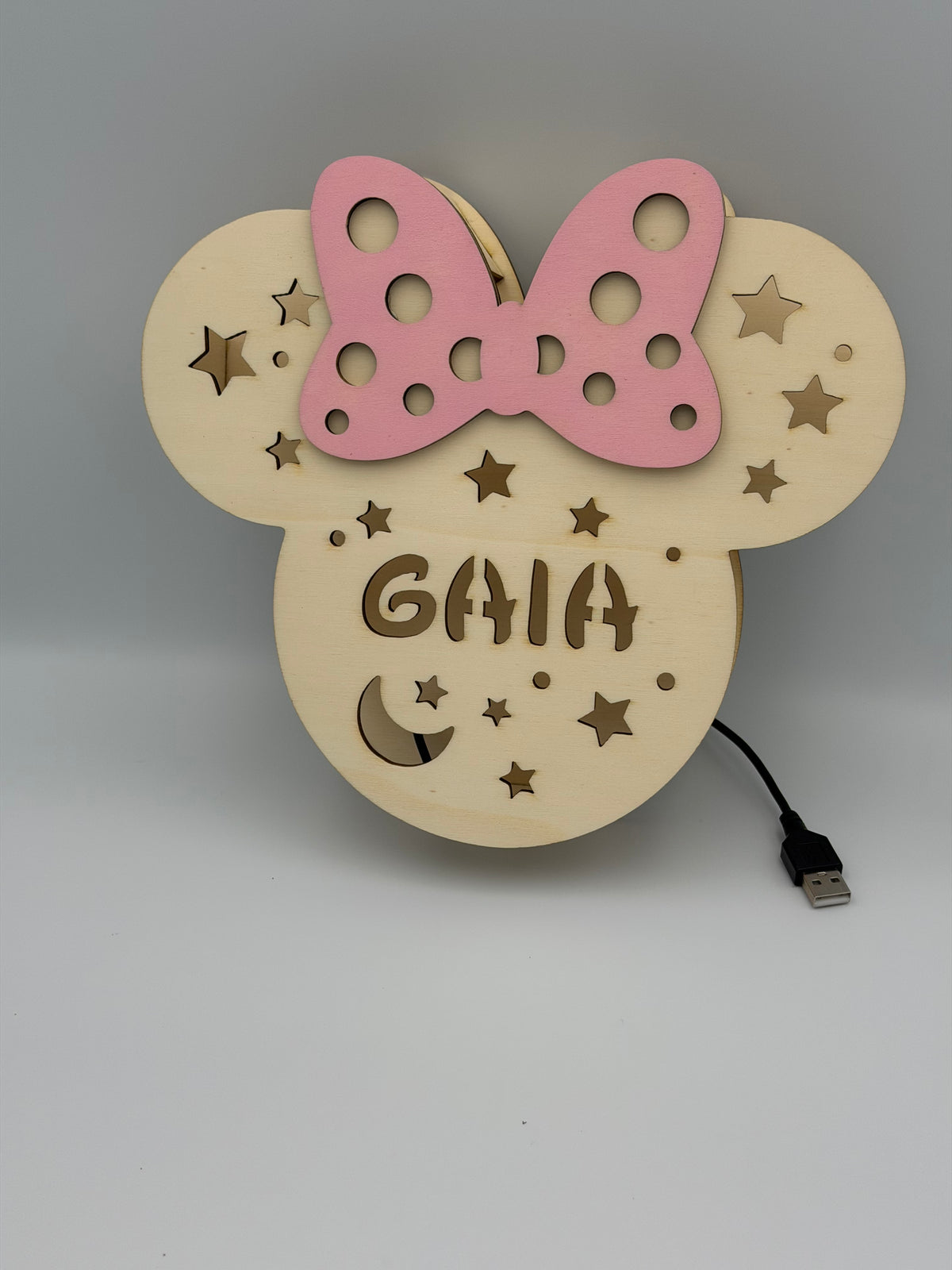 Lampada LED in legno Minnie personalizzata con nome – Luce da parete per cameretta modello 2