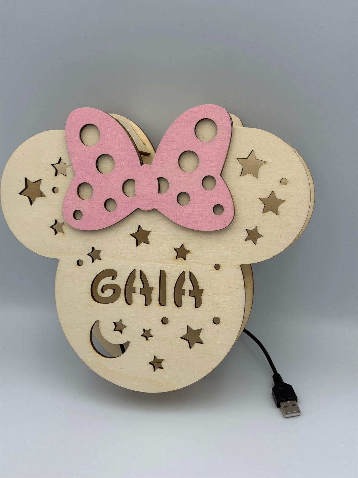 Lampada LED in legno Minnie personalizzata con nome – Luce da parete per cameretta modello 2