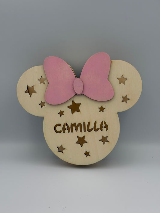 Lampada LED in legno Minnie personalizzata con nome – Luce da parete per cameretta