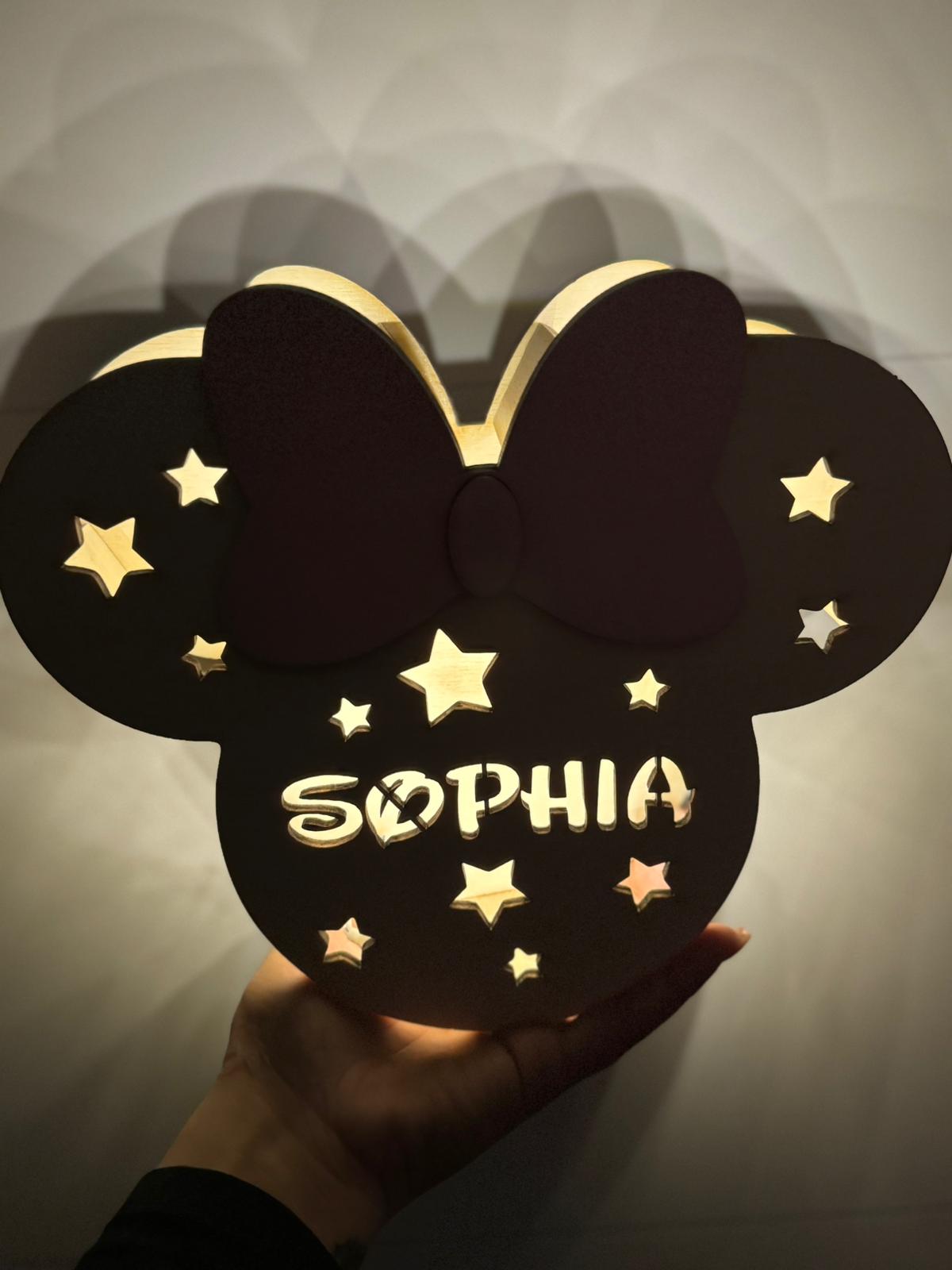 Lampada LED in legno Minnie personalizzata con nome – Luce da parete per cameretta