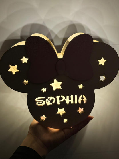 Lampada LED in legno Minnie personalizzata con nome – Luce da parete per cameretta