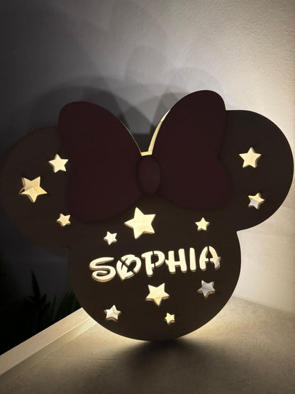 Lampada LED in legno Minnie personalizzata con nome – Luce da parete per cameretta