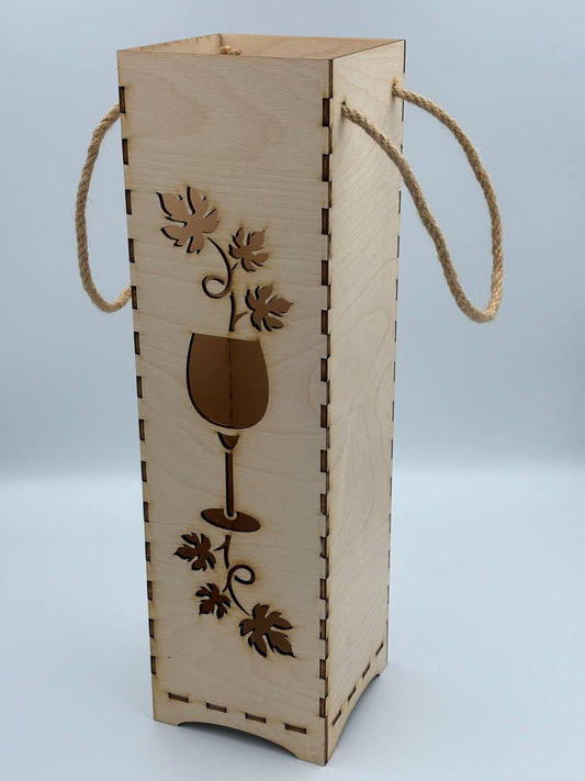 Scatola porta bottiglia in legno calice e foglie d’uva – Con manico in corda