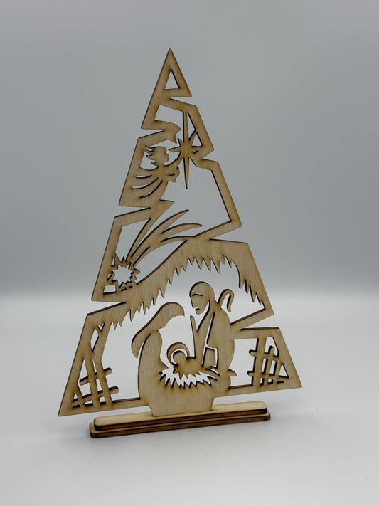 Albero di Natale con Sacra Famiglia – Decorazione in legno tagliata al laser 26cm