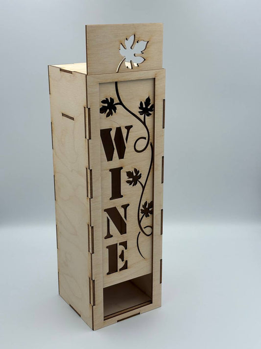 Scatola Porta Vino in Legno con Scritta WINE Intagliata – Idea Regalo Elegante per Bottiglia