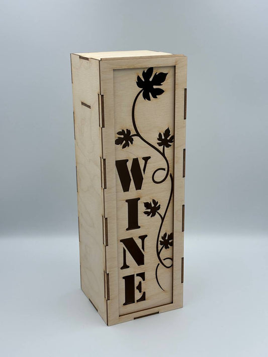 Scatola Porta Vino in Legno con Scritta WINE Intagliata – Idea Regalo Elegante per Bottiglia
