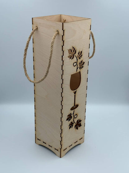 Scatola porta bottiglia in legno calice e foglie d’uva – Con manico in corda